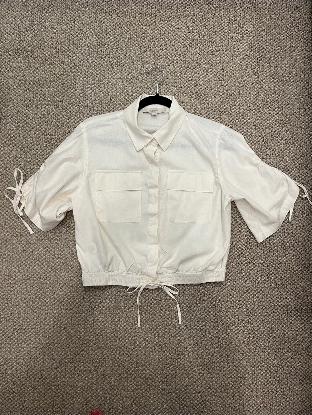 LOFT Linen-Blend Cream Cropped Drawstring Utility Shirt